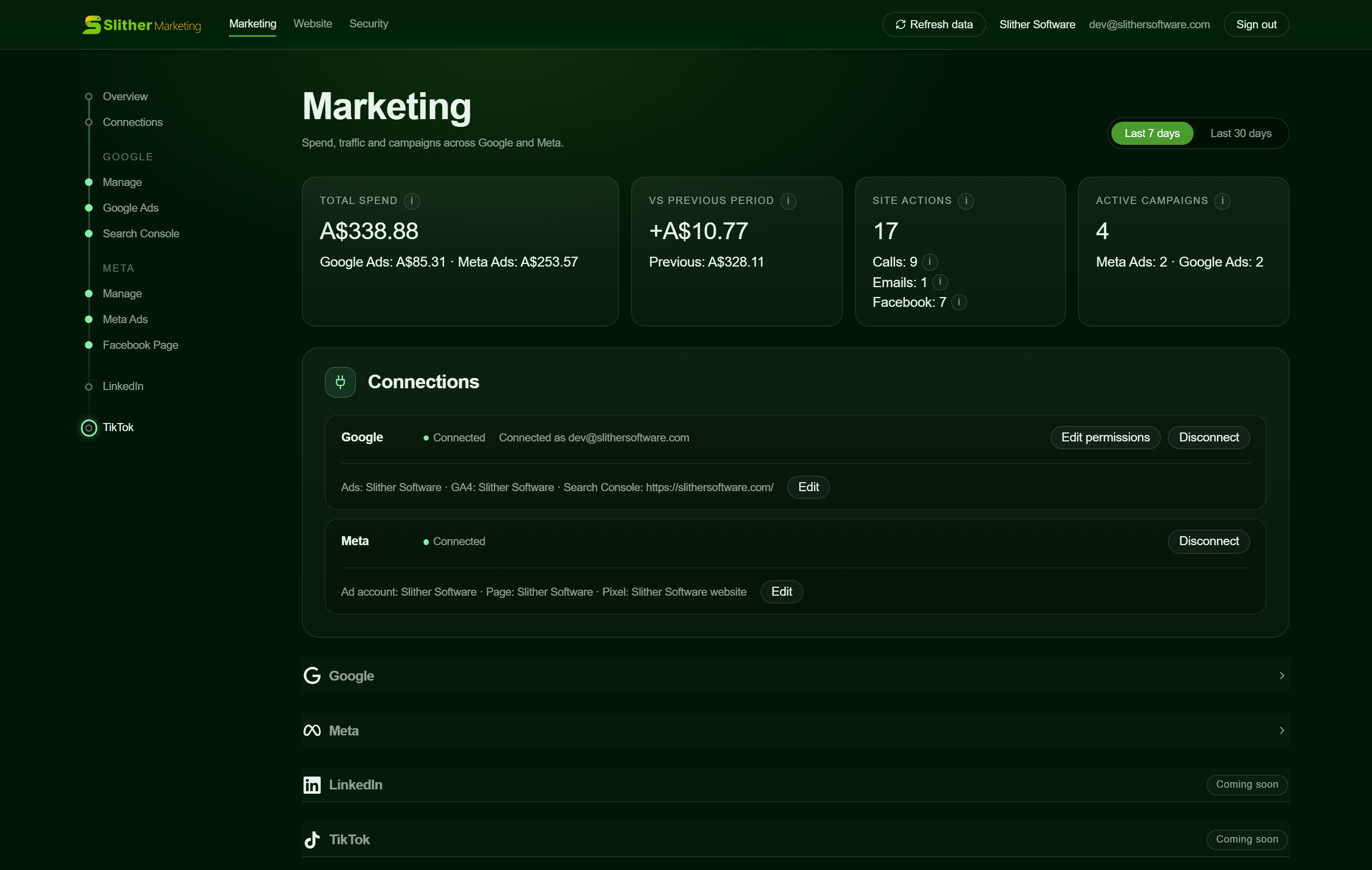 The Slither Marketing panel dashboard showing total ad spend across Google and Meta, calls and emails from the website, and connected accounts